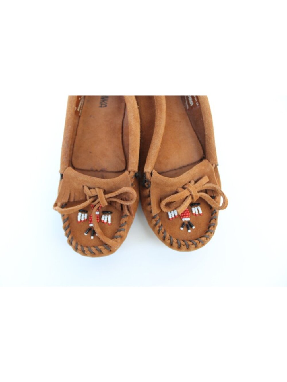 Minnetonka Women's Thunderbird Suede Leather Moccasins Beaded Fringe Tan Size 6 - Picture 2 of 15